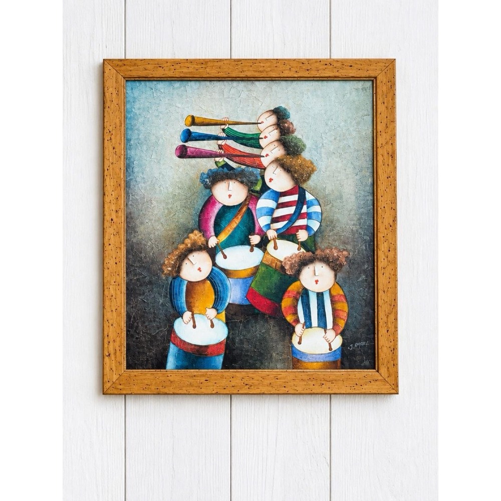 Joyce Roybal Signed Oil Painting Whimsical Children Musicians Band 3D Texture